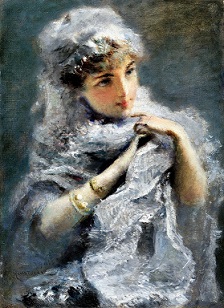 Immagine dell’opera olio su tela di Daniele Ranzoni, pittore italiano legato alla Scapigliatura. Il titolo del quadro è La giovinetta inglese realizzato 1886. E' un ritratto di fanciulla a mezzo busto.