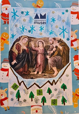Disegno di Nicolas che reinterpreta in versione natalizia l'opera Sacra Famiglia di Domenico Cavalli