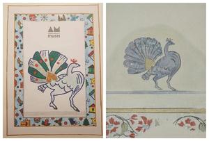 Due immagini a confronto: il disegno natalizio del pavone di Rebecca e l'immagine originale del pavone dal soffitto di una delle stanze di Villa Bernasconi a Cernobbio.
