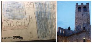 Due immagini a confronto: il disegno natalizio del castello di Rachele e la fotografia dell'esterno del castello di Desenzano 