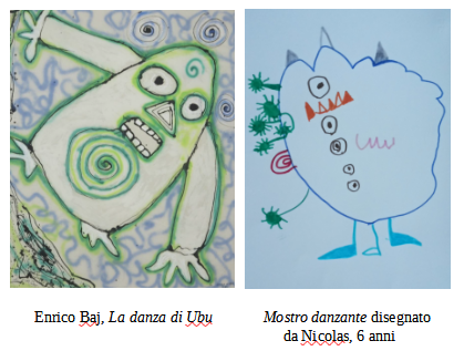 Due immagini affiancate: l'opera di Enrico Baj "La danza di Ubu" e il disegno "Mostro danzante" realizzato da Nicolas, un bambino di 5 anni di Lecco