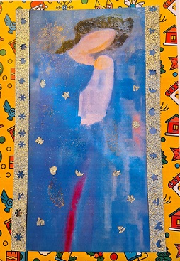 Disegno di Stefano che rivisita in versione natalizia l'opera Madre in blu e azzurro di Trento Longaretti