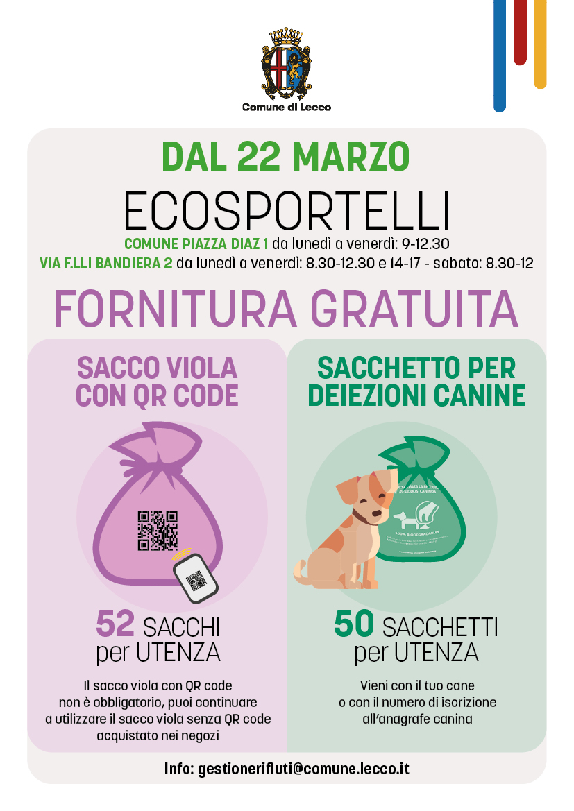 Locandina esplicativa del nuovo servizio degli Ecosportelli che permettono il ritiro gratuito dei sacchi vola con QR Code e di quelli per le deiezioni canine