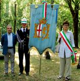 La delegazione del Comune di Lecco a Fossoli, 10 luglio 2016: i consiglieri Monica Coti Zelati (con la fascia tricolore) Bruno Biagi e l'Agente di Polizia locale Balossi