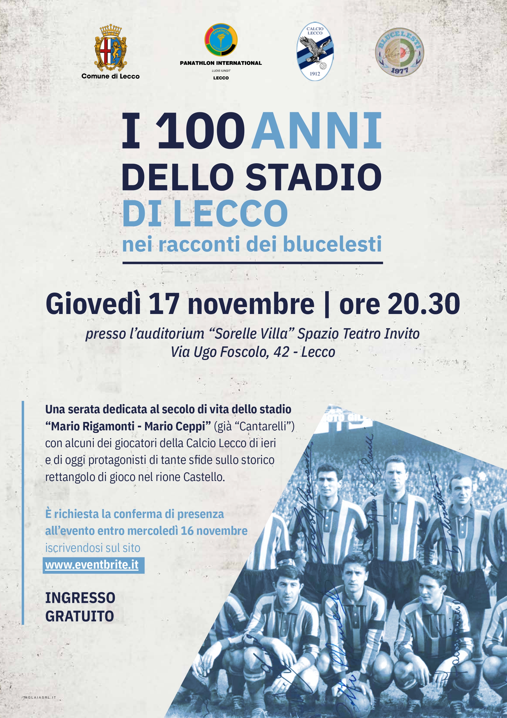 locandina con tutte le informazioni dell'evento di giovedì 17 novembre per i 100 anni dello stadio di Lecco