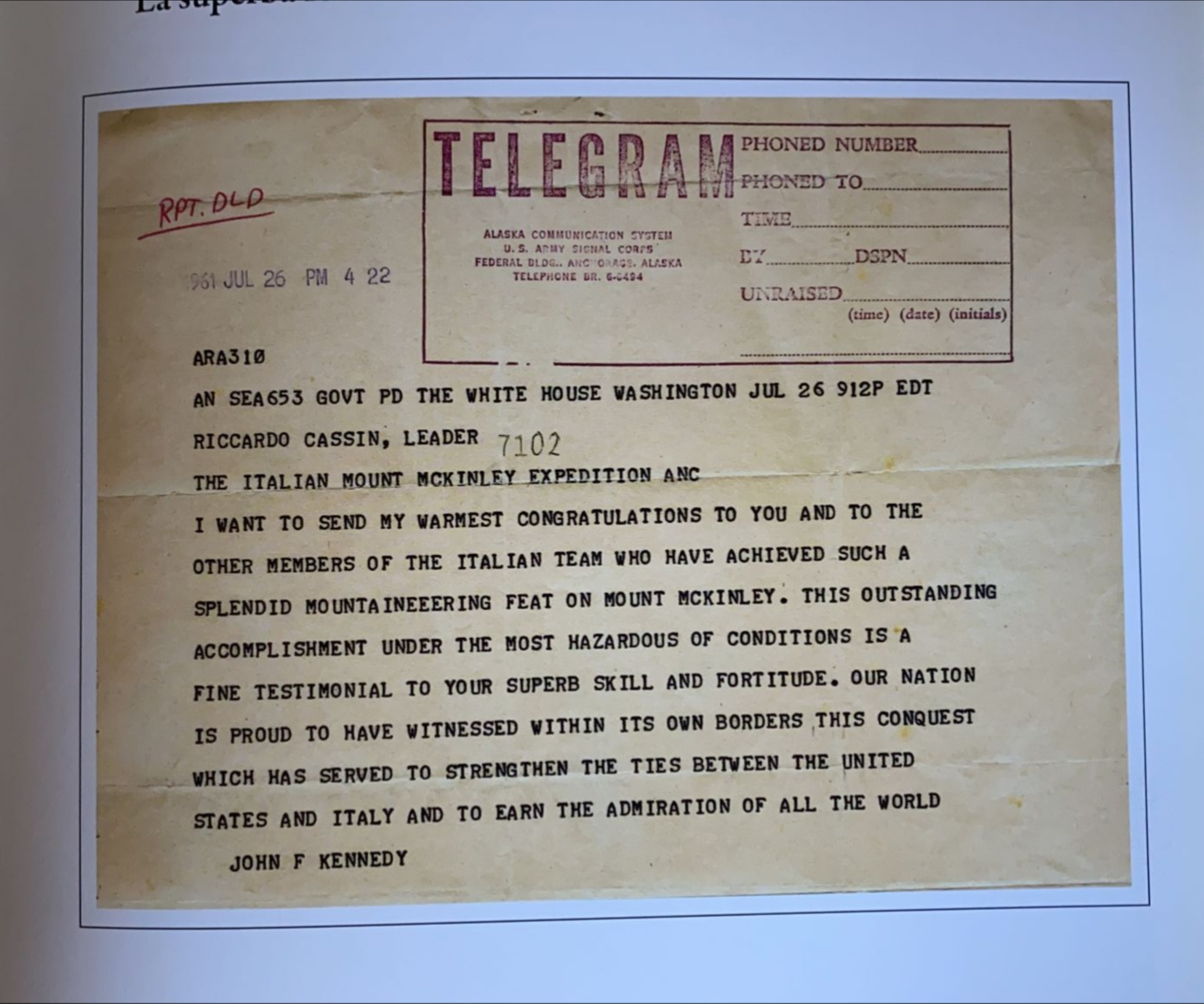 telegramma di John Fitzgerald Kennedy a Riccardo Cassin